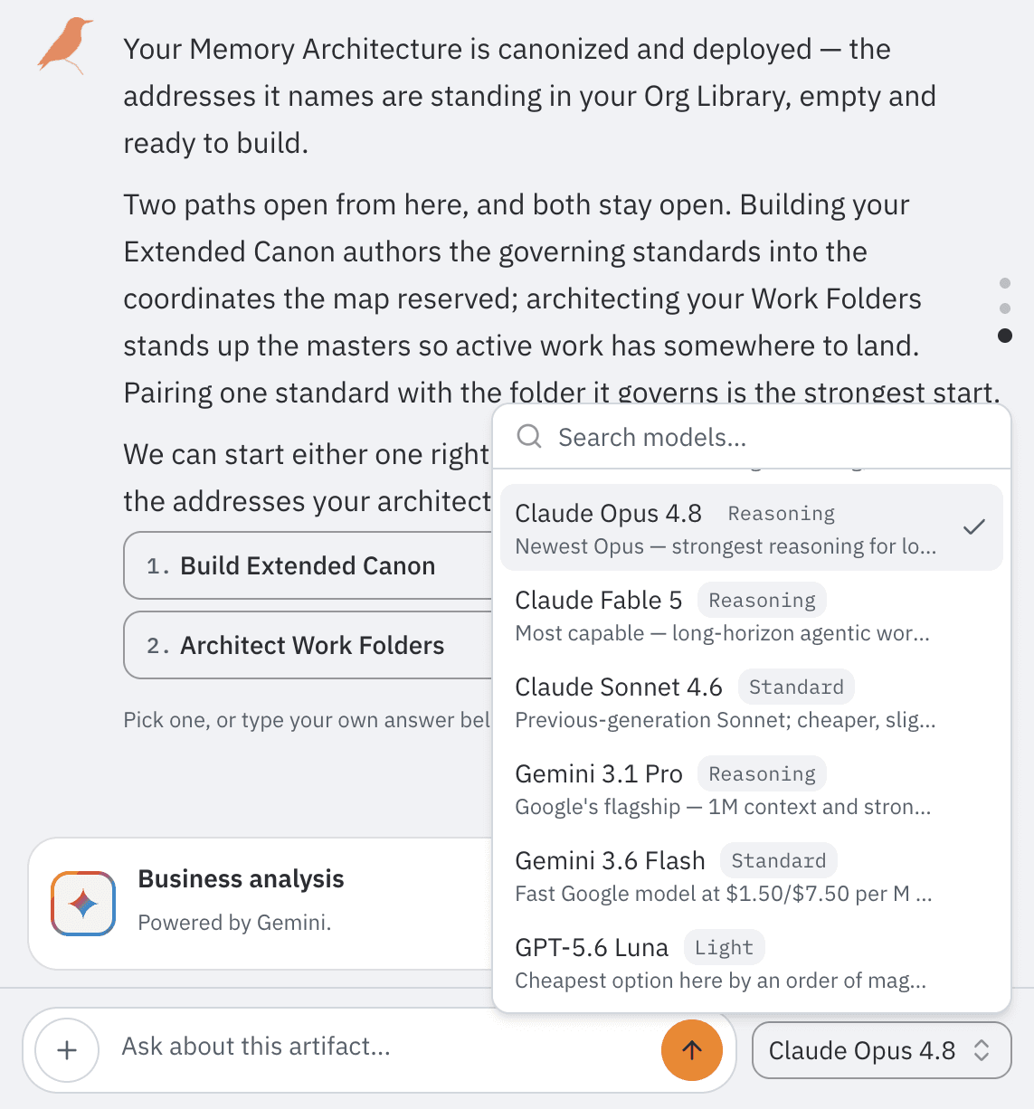 A Starling session with the model picker open: Claude Opus 4.8 selected, and Claude Fable 5, Claude Sonnet 4.6, Gemini 3.1 Pro, Gemini 3.6 Flash and GPT-5.6 Luna listed under it, over a thread about the reader's own Org Library