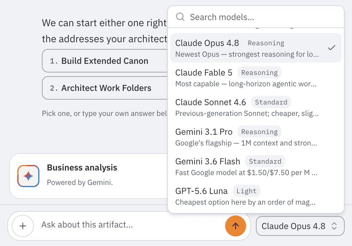 Starling's model picker open: Claude Opus 4.8 selected, with Claude Fable 5, Claude Sonnet 4.6, Gemini 3.1 Pro, Gemini 3.6 Flash and GPT-5.6 Luna listed under it, and the seat's model selector below