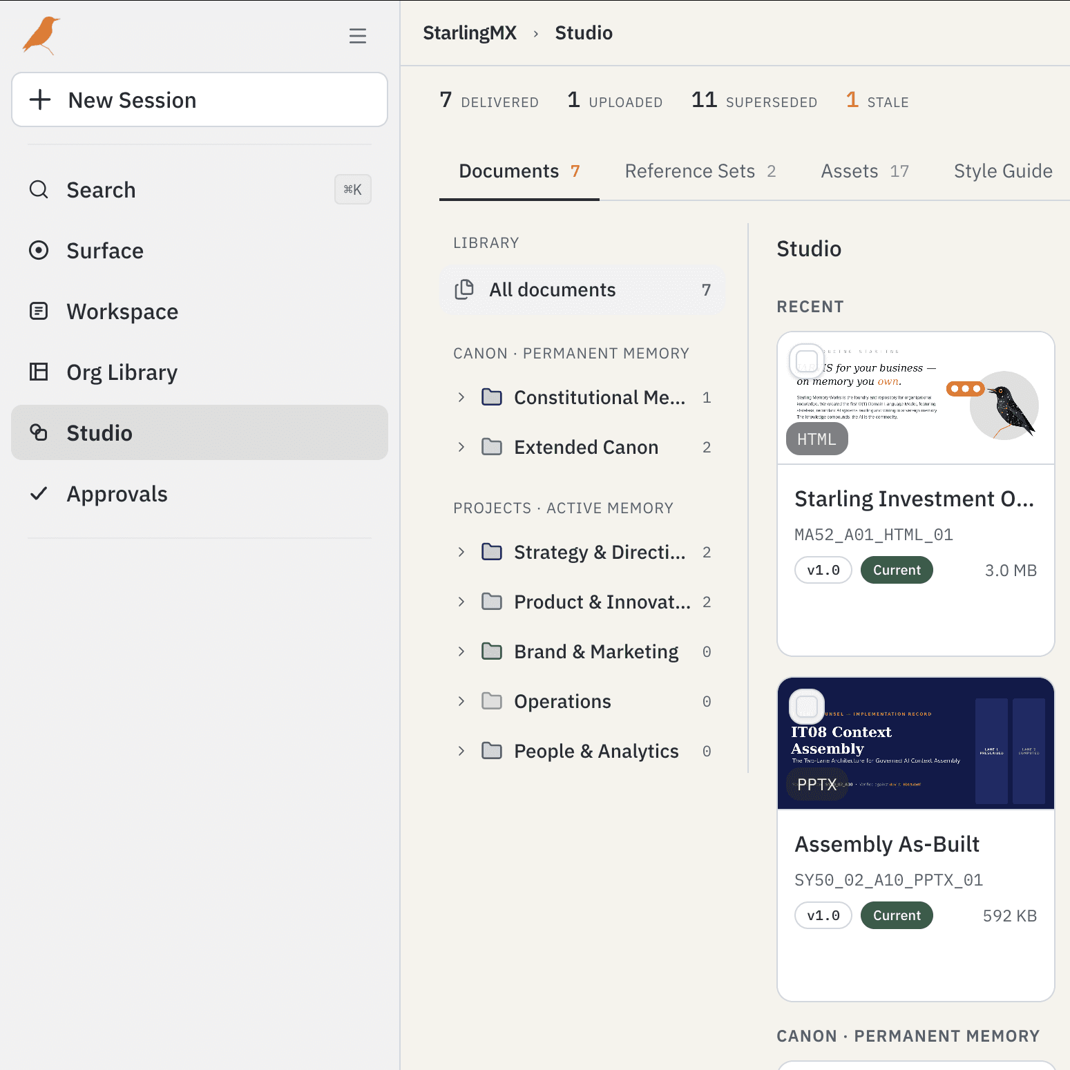 Studio: delivered documents with their formats, versions and sizes, tabbed beside reference sets, assets and the style guide